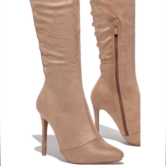 Taupe High Heel Open Back Corset Lace Up Thigh High Boot - Picture 3 of 10